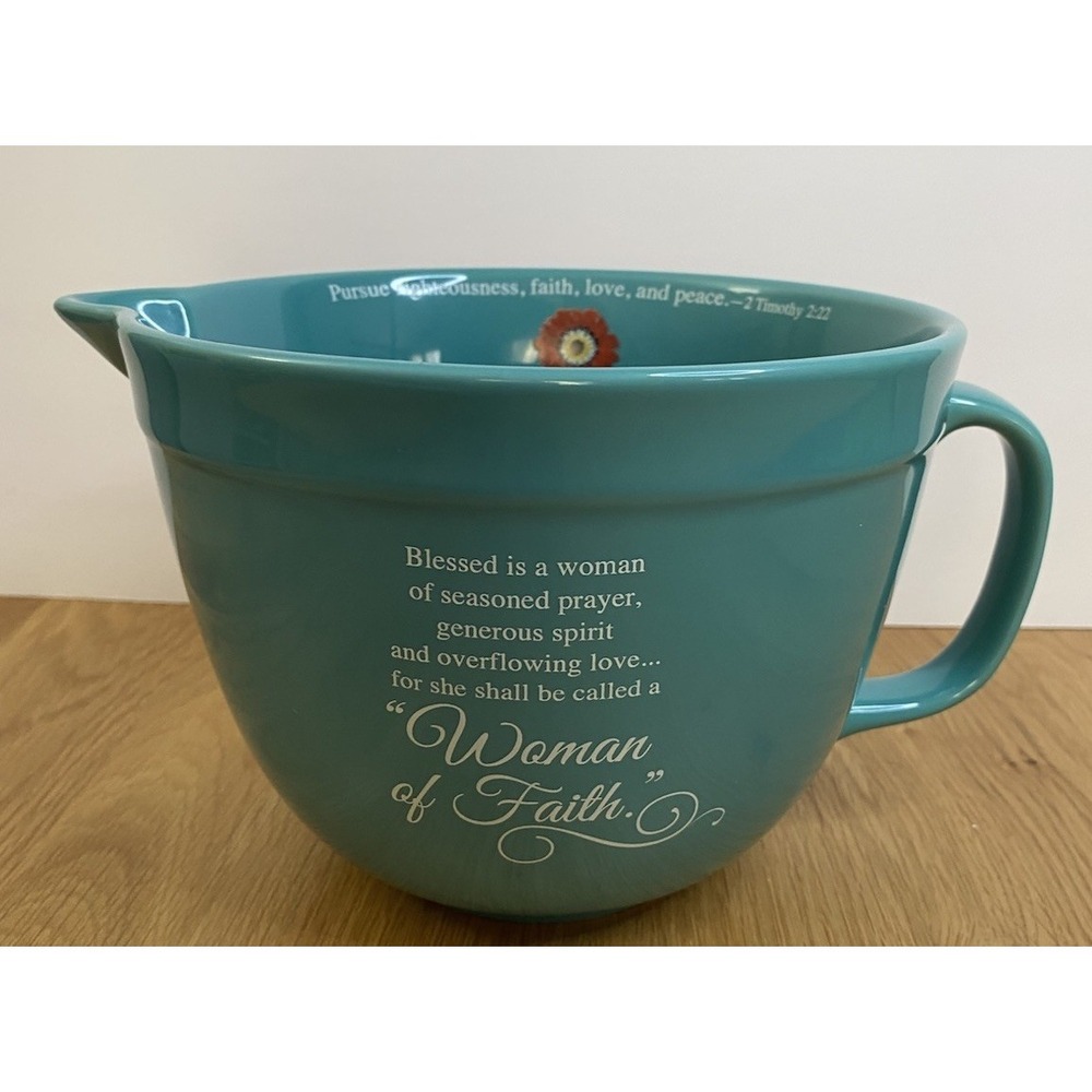 Abbey Gifts Teal Ceramic Bowl Blessed Woman Quote Floral Religious Pour Spout